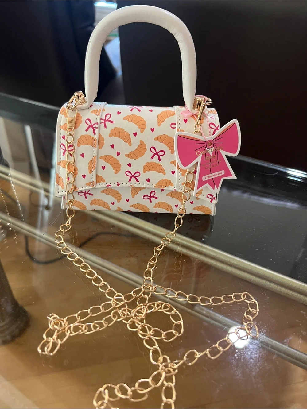White Croissant Print Kids Mini Handbag with Pink Bow Charm